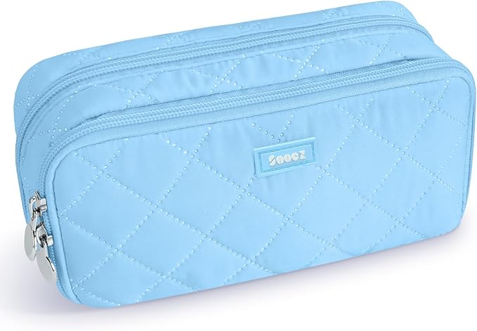 Sooez Large Pencil Case Pouch, Extra Big Pencil Bag with 8 Compartments, Pen Bag Wide Opening, Soft Quilted Pencil Pouch Organizer with Zipper, Portable Pencil Case for Teen Girls, Dark Blue