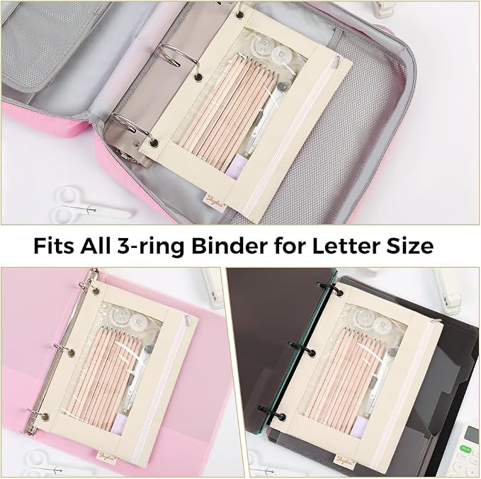 SKYDUE Pencil Pouch for 3 Ring Binder, 9.8" x 7.3" Clear Window Pencil Bag | Zipper Pencil Pouches for Girls Boys, Pencil Pouch with 3 Reinforced Grommets, Durable Organizer for School Supplies