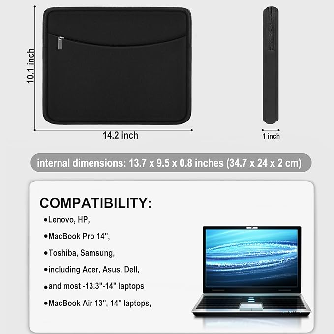 Laptop Sleeve Case 14 inch, Shockproof Protective Laptop Cover Briefcase Carrying Computer Bag with Accessory Pocket Portable Computer Sleeve for 14" MacBook, HP, Dell, Lenovo, Acer, Black