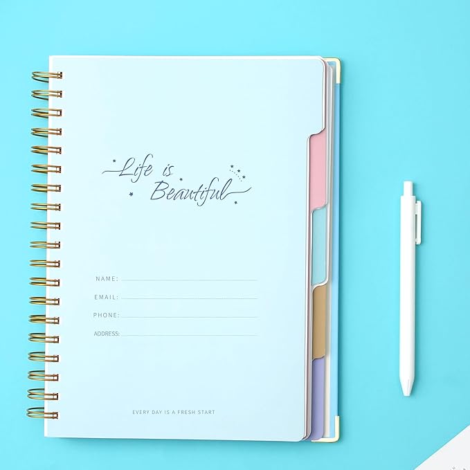 Yoment 2 Pack 5 Subject Notebook College Ruled, Hardcover Spiral Notebooks for Work School, B5 Multi Subject Notebook with Tabs Dividers, 240 Pages Lined Journal for Women Men, Pink&Blue