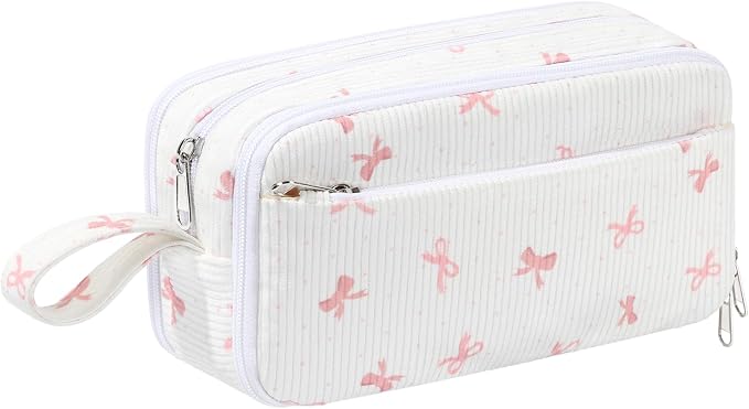 Corduroy Pencil Case, Large Capacity Pencil Pouch with 4 Compartments, Cute Soft Aesthetic Stationery Pen Bag Organizer with Zipper, Portable School Supplies for Teen and Adult Girls, Pink Bow