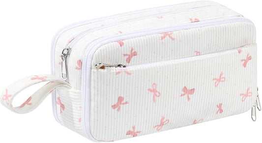 Corduroy Pencil Case, Large Capacity Pencil Pouch with 4 Compartments, Cute Soft Aesthetic Stationery Pen Bag Organizer with Zipper, Portable School Supplies for Teen and Adult Girls, Pink Bow