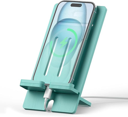 Pezin & Hulin Bamboo Cell Phone Stand, Adjustable Wood Charging Dock Holder, Portable Desktop Phone Rack, Compatible with All Phone -Slim Version(Teal)