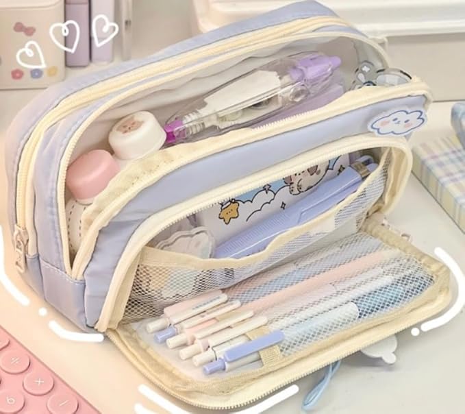 Cute Aesthetic Pencil Case Kawaii Pencil Case with Kawaii Pins Large Pencil Pouch Holder Preppy Supplies (black)