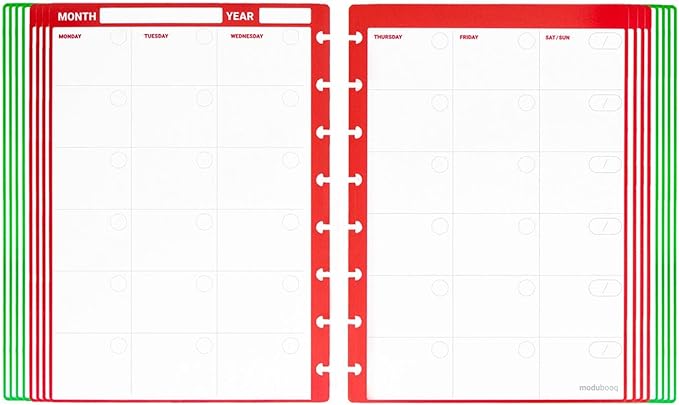 Modubooq - 32 red monthly reusable discbound duratech3 pages - inserts with month planners for smart notebook - A5