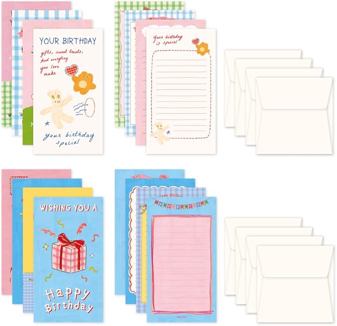 Monolike Unmatched Friends Happy Birthday Mini Letter Paper and Envelopes Set - 8Type, 32 Letter Paper + 16 Envelopes