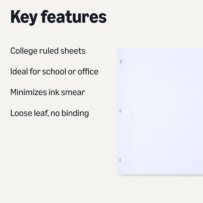 Amazon Basics College Ruled Loose Leaf Binder Paper, 11" x 8.5", 100 Sheets, White, 6-Pack