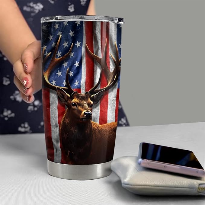 SANDJEST Hunting Tumbler Cup 20oz Deer Hunting Gifts for Men Hunters American Flag Stainless Steel Insulated Tumblers Coffee Travel Mug Hunter Gift for Birthday Christmas