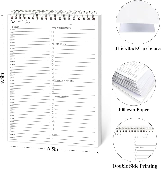 3PC Daily Shedule Planner Hourly Appointment Planner Personal Organizer with Work To-Do List, Priorities 6.5 x 9.8