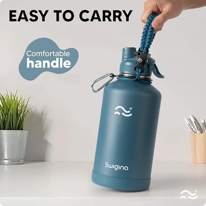 Swigina] 64 oz Insulated Water Bottle with Silicone Boot (48hrs Cold/24hrs Hot) - DIY Stickers, Leakproof, BPA Free, Half Gallon [2-IN-1 LID