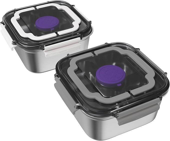 Set of 2 Salad Container for Lunch Large-60-oz Salad Bowl with Lid,3 Compartment Bento-Style Tray and 1.5-oz Salad Dressings Container,Stainless Steel container with Lids, Lunch Box(Grey and White）