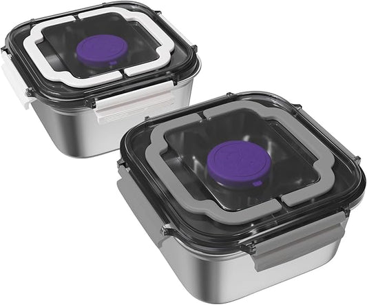 Set of 2 Salad Container for Lunch Large-60-oz Salad Bowl with Lid,3 Compartment Bento-Style Tray and 1.5-oz Salad Dressings Container,Stainless Steel container with Lids, Lunch Box(Grey and White）