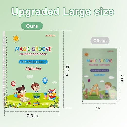 Large Magic Grooved Handwriting Book Practice,Handwriting Practice Copybook,Reusable Practice Book for Preschool Age 3-8 Back to School Supplies(4 Large Books with Magic Pens)