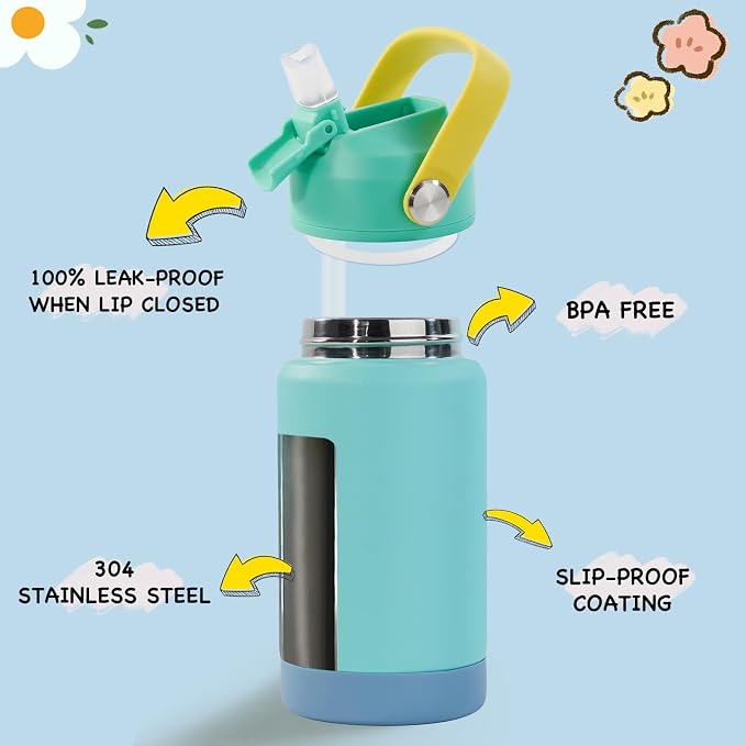 Kerilyn 12oz Kids Water Bottle, Stainless Steel Insulated Water Bottle For Kids, Toddler Cup With Straws Leak-proof, Kids Water Bottles For School Boys Girls, BPA Free, Twilight Green