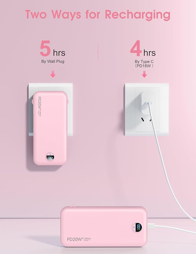 citicr Portable Charger, 10000mAh PD20W Fast Charging Power Bank with Built-in Cables & Wall Plug, External Battery with LED Display, Travel Battery Bank for iPhone, iPad, Samsung Fairy Pink