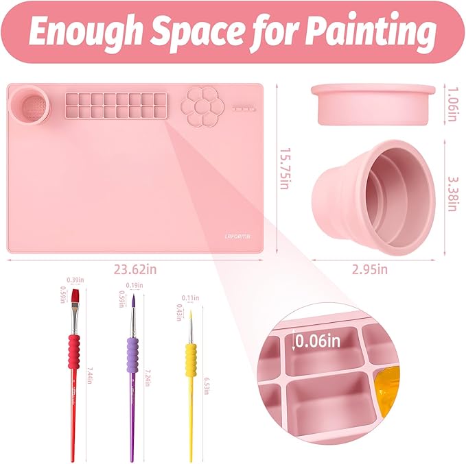 Silicone Painting Mat for Table Protection, 23.6 x 15.8in Drawing Mat with Nylon Brushes for Children, Art Mats with Cleaning Cup, Paint Palette, Clay Craft Mats for DIY (Pink)