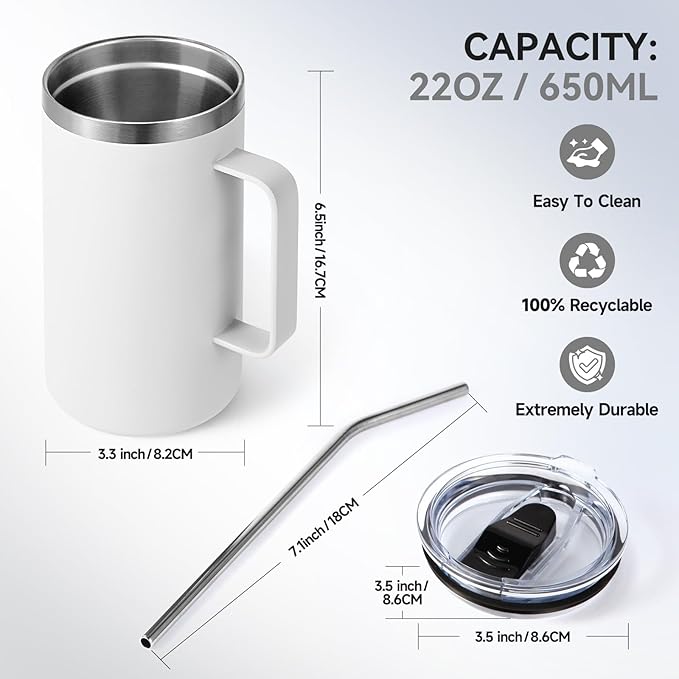 Volhoply 22oz Insulated Stainless Steel Coffee Mug with Leakproof Lid,Double Wall Vacuum Travel Coffee Cup with Handle,Reusable Metal Tumbler,Camping Mugs Keep Hot&Cold(White,1)