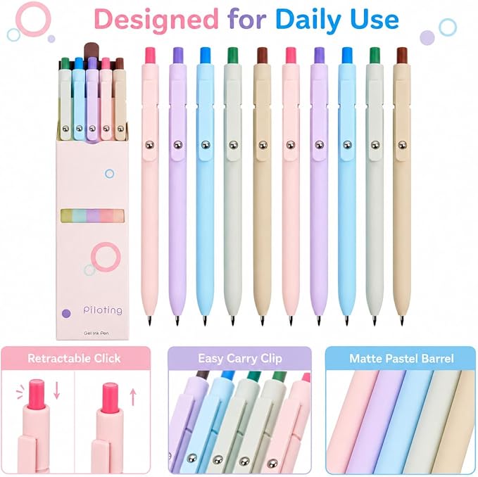 Gel Pens School Office Supplies - 10 Pcs 0.5mm Cute Black Ink Ballpoint, Macaron Colored Fine Point Pen, Desk Accessories for Women College Teacher, Pastel Smooth Writing Pen for Journaling Gifts
