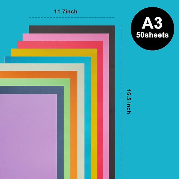 Colored Poster Board, 50 Sheets A3 Large Size 16.5 x 11.7 Inch Assorted Neon Poster Board Bulk for Art Display Board, Classroom Use, School Craft Project, Presentation Drawing