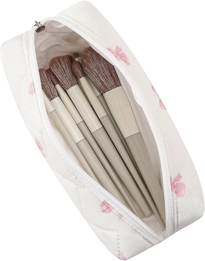 Cute Floral Cotton Makeup Brush Cosmetic Bag for Women, Travel Quilted Zipper Make Up Bag, Flowers Toiletry Organizer Case Kawaii Makeup Cosmetic Travel Cloth Pouch (Pink Bow Tie)