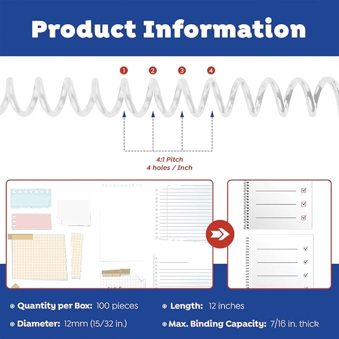 TruBind 12mm (15/32 in.) Spiral Binding Coils for Reports, Presentations and Proposals | 4:1 Pitch | 12 in. Length | Clear | 92 Sheets Binding Capacity | 100 Pack