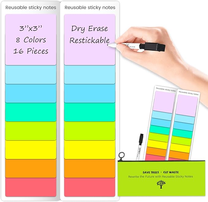 JJPRO Dry Erase Sticky Notes - Reusable Whiteboard Stickers 8 Colors 3"x3"-16 Pack. Suitable for All Smooth Surface.Great for Labels, Lists, Reminders and Decals-Washable,Removable