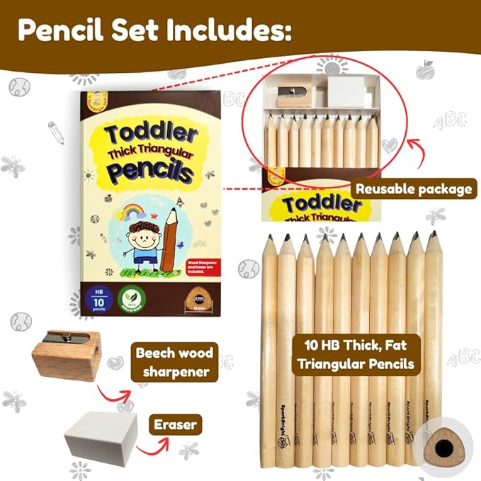 Toddler Pencils Thick Flat Jumbo Triangular Shape for Writing Beginners, Preschoolers, Early Learners, and those with Special Needs. Sets of 10 natural wood pencils with a wood sharpener and eraser