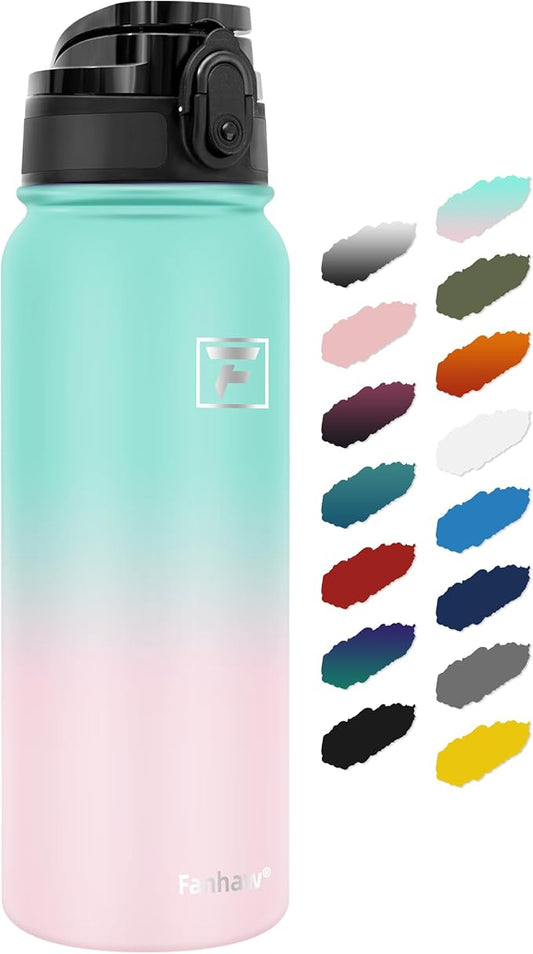 Fanhaw 20 oz Insulated Stainless Steel Water Bottle with Anti-Dust Chug Lid, Leakproof Vacuum Metal Everyday Use Bottle for Kids, Teens & Adults, Back to School Essentials (Green Pink)