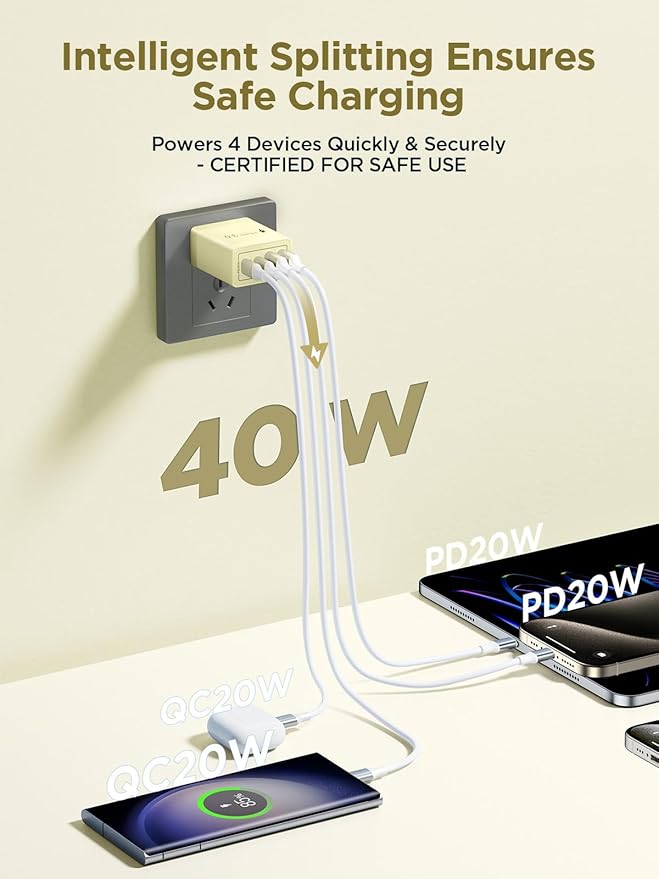 USB C Charger Block, 40W 4-Port Fast Charger 20W Type C Charging Block 3.1A USB Wall Charger Dual Port PD+QC Charging Cube for iPhone 16 15 14 13 12 Pro Max XS, iPad, Samsung Phone (Yellow)