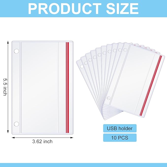 Affrolling 10 Pack Flash Drive Holder for 3 Ring Binders Clear Flash Drive Zipper Case Bulk Transparent Vinyl Plastic Binder Pockets USB Holder Storage Organizer Waterproof