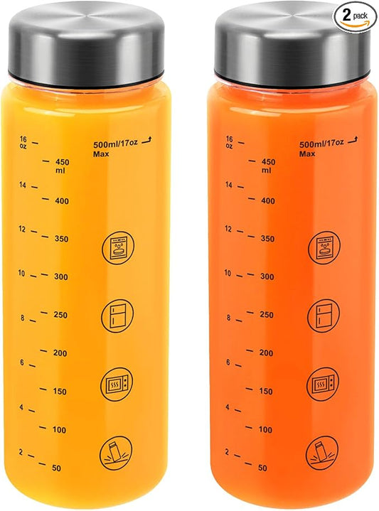 2 Pack Plastic Juice Bottles with Caps - Wide Mouth Resuable Clear Plastic Water Bottles for Juicing,Smoothie,Protein, Beverage,Storage Containers,BPA Free,Leakproof Stainless Steel Lid(16 Ounces)