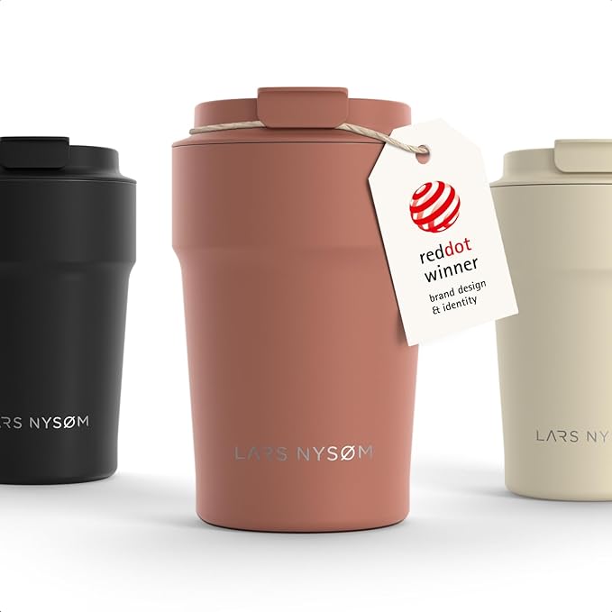 LARS NYSØM Thermo Coffee Mug to go 13oz | Travel Mug 0.38 Liter with Insulation | Silicone grip base | Leak Proof Stainless Steel Tumbler for Coffee and Tea on the Go (Powder Brick Red, 13oz)