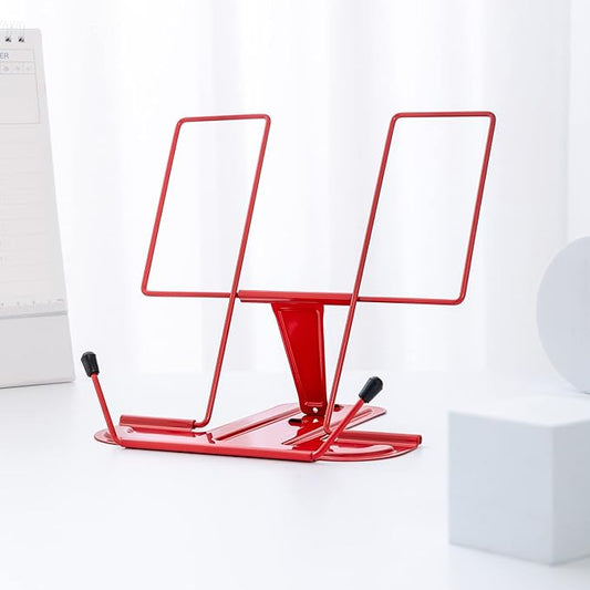 MSDADA Metal Book Stand for Desk, Adjustable Reading Rest Book Holder, Portable Cookbook Documents Holder, Sturdy Typing Stand for Recipes Textbooks Tablet Music Books with Page Clips (Red)