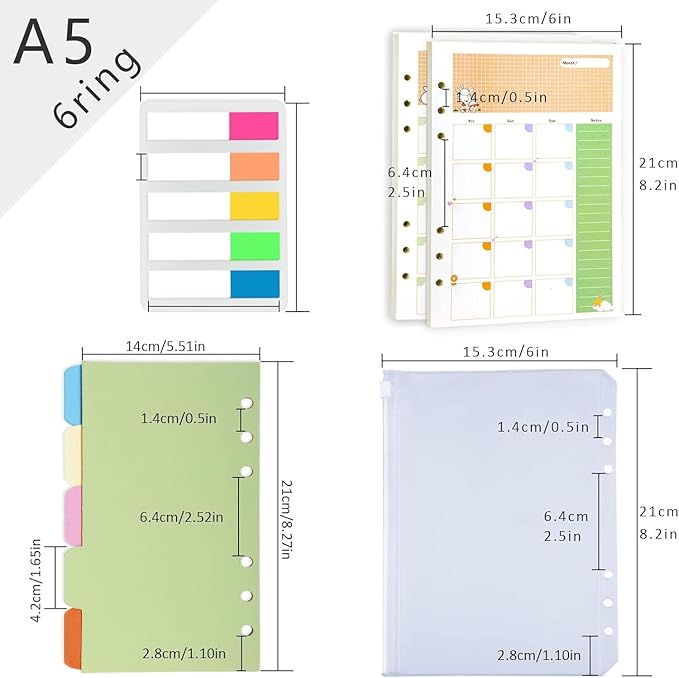 Rancco A5 Planner Inserts Monthly Planner Refills, 90 Pages Colorful 6-Ring Loose-leaf Monthly Binder Paper w/Divider, PVC Pouch, Ruler, Index Tab for Journal, Filofax, Double-sided, Undated,8.3x5.6"