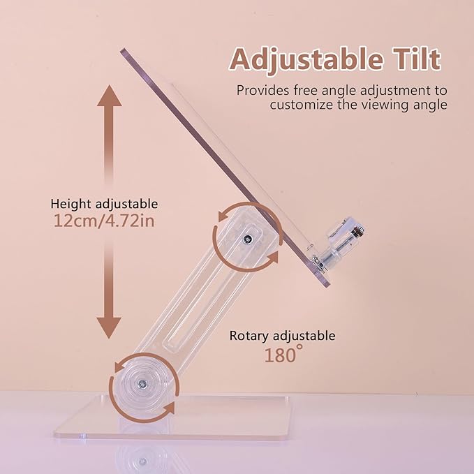 Acrylic Book Stand for Reading, Adjustable Foldable Book Holder with 180° Rotating Base & Page Clips, Portable Transparent Tablet Holder for Cookbook, Laptop, Tablet, Music Scores, Recipe, Textbook