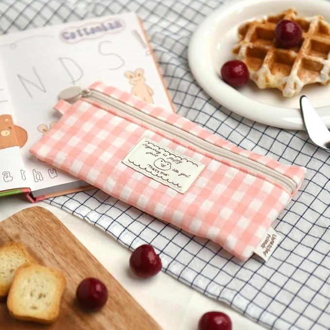 Monolike_Fabric/Cushion Pencil case (Unmatched Friends Fabric Check Pencil Case, Pink)