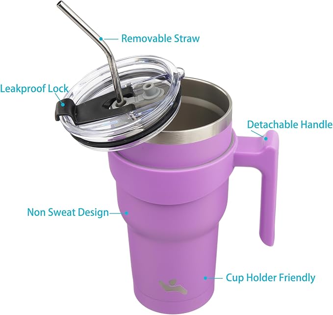 Konokyo 30 oz Tumbler with Handle and 2 Straw 2 Lid, Insulated Water Bottle Stainless Steel Vacuum Cup Reusable Travel Mug,Lavender