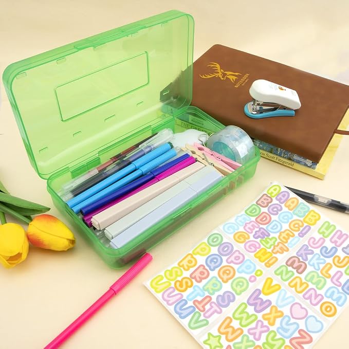 Green Pencil Case Box Large Plastic Hard Pencil Case Crayon Box Makeup Organizer for Desk Crayon Boxes Plastic 1 Pack Storage Container Organizer Boxes for Pens School Stylish Office Supplies Storage
