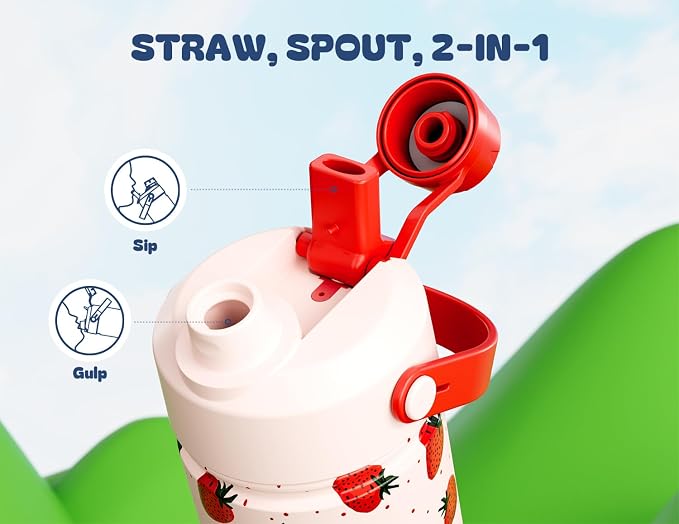 12 oz Kids Metal Water Bottle: 2-in-1 Straw Spout Lid, Spill-Proof, Easy Clean, Keep Cold 24H, Backpack Friendly, BPA-Free Stainless Steel Cup for School, Daycare, Playtime, Gift (Strawberry Squeeze)