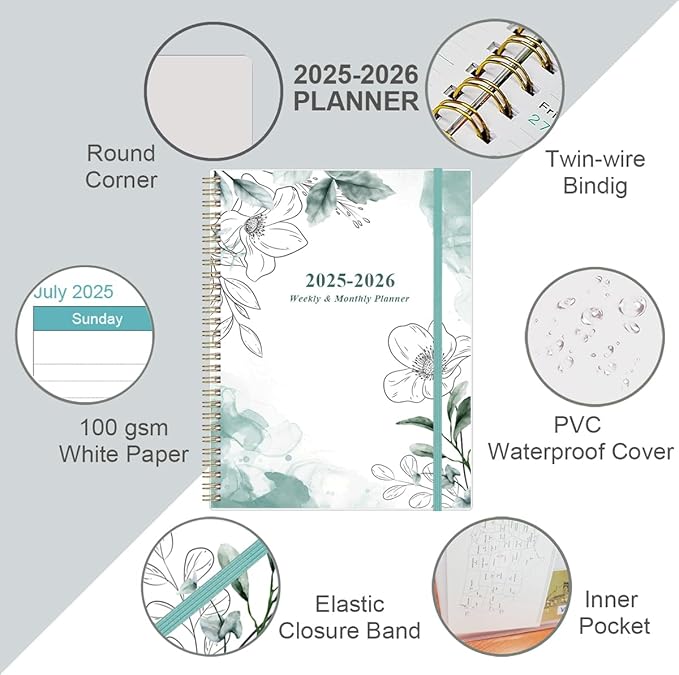 2026-2027 Planner - Planner 2026-2027 from July 2026 - June 2027 with 12 Monthly Tabs, Flexible Cover, Inner Pocket, 8.5" x 11", Teal Flowers