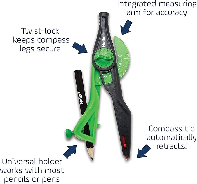 Helix Geometry Tool Set – Locking Compass, Protractor, and 360° Angle & Circle Maker with Integrated Templates – Precision Drawing & Measuring Kit for Students and Professionals