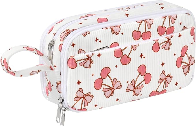 Corduroy Pencil Case, Large Capacity Pencil Pouch with 4 Compartments, Cute Soft Aesthetic Stationery Pen Bag Organizer with Zipper, Portable School Supplies for Teen and Adult Girls, Big Cherry