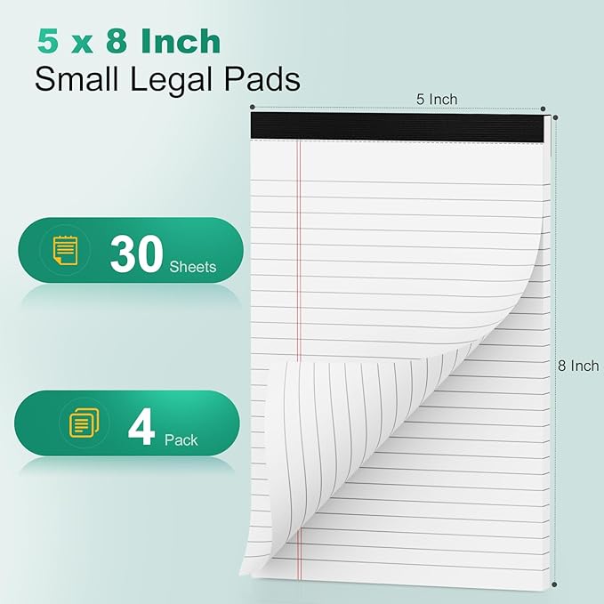 Legal Pads 5x8 Inch, 4 Pack, Narrow Ruled, 5x8 White Legal Pad, Mini Double-Sided Printing Notepad Perforated Note Pads 5x8 Lined Paper, Lined Writing Pads for Office Home School, 30 Sheet/Pad