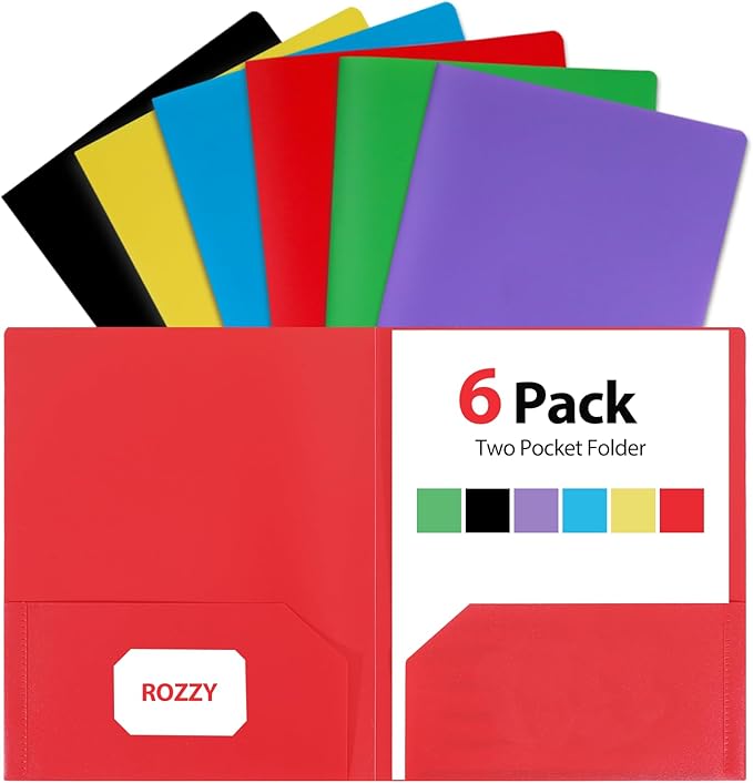 Plastic Folders with Pockets, 6 Rainbow Colors, 2 Pocket, Letter Size | 8.5x11 Paper, Business Card Slot, Black to School Supplies, For Kids / Students / Teachers, Office Organization