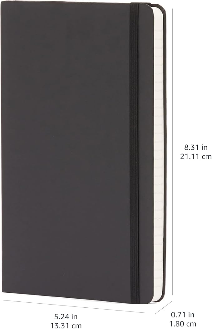 Amazon Basics Classic Lined Writing Notebook for Note Taking and Journaling, Hardcover with Elastic Closure, 240 Pages, 5" x 8.25", Black (Pack of 2)