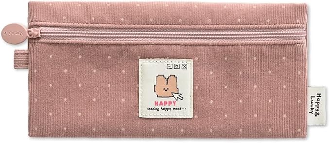 Monolike Happy and Lucky Candy Dot pen case, Pink - Slim Corduroy Style Cotton Pen Pouch, Cute Aesthetic Pastel Stationery Organizer for Office