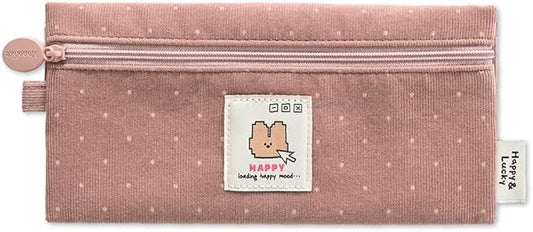 Monolike Happy and Lucky Candy Dot pen case, Pink - Slim Corduroy Style Cotton Pen Pouch, Cute Aesthetic Pastel Stationery Organizer for Office