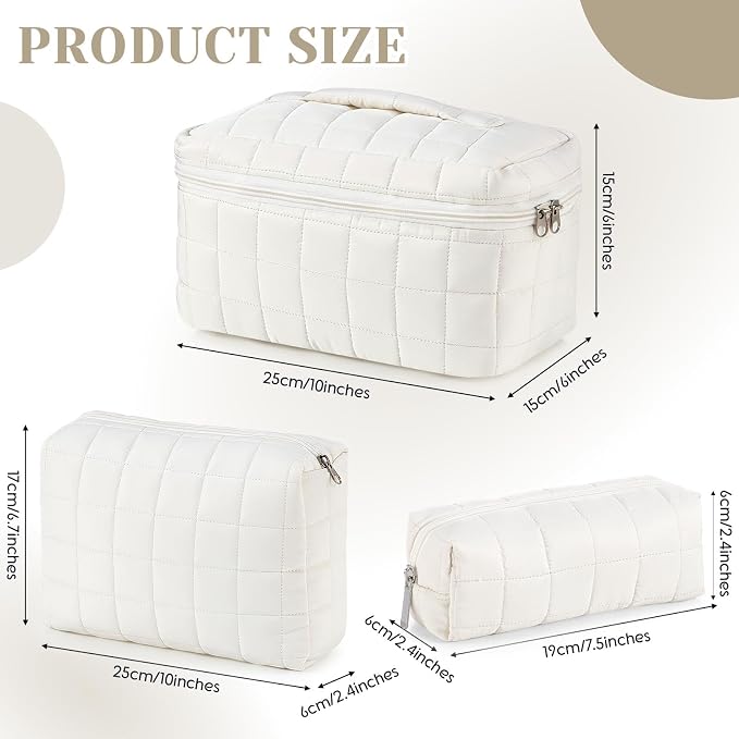 Huhumy 3 Pcs Large Puffy Makeup Bag Set Quilted Cosmetic Pouch for Women Cute Checkered Travel Toiletry Bag Puffer Makeup Organizer Purse Pouch Preppy Pencil Case with Zipper Valentine Gift(White)