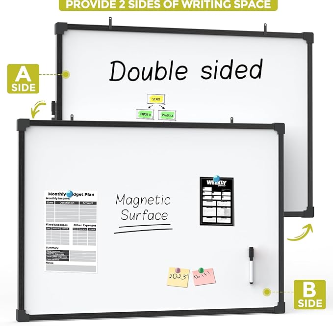 MaxGear Magnetic Dry Erase White Board, 36 X 24 Inches Double Sided Whiteboard, Black Aluminum Frame White Board for Wall, Hanging Planner Board with Dry Erase Marker for School Office Home