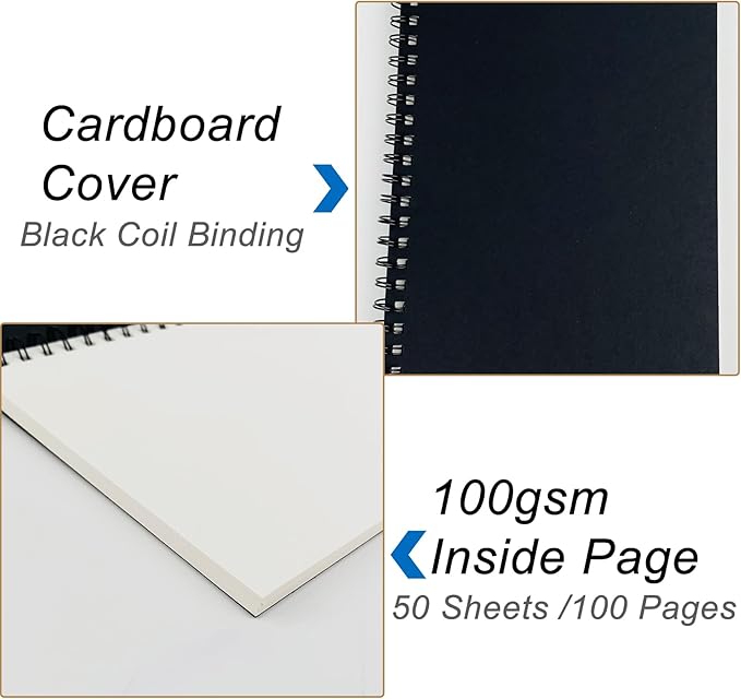 DSTELIN Blank Spiral Notebook, 3-Pack, Soft Cover, Sketch book, 100 Pages / 50 Sheets, 7.5 inch x 5.1 inch, 100GSM, (Black)
